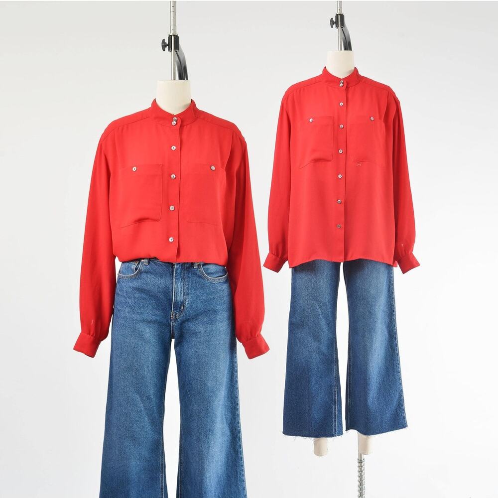 Vintage 90s Red Sheer Minimalist Blouse Mandarin Collar Oversized Shirt M